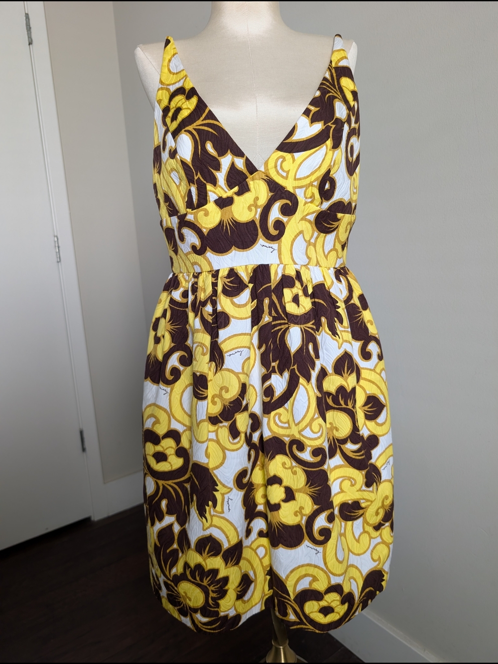Milly of New York Vintage Yellow & Brown Floral V-Neck Mini Summer Dress Size 6